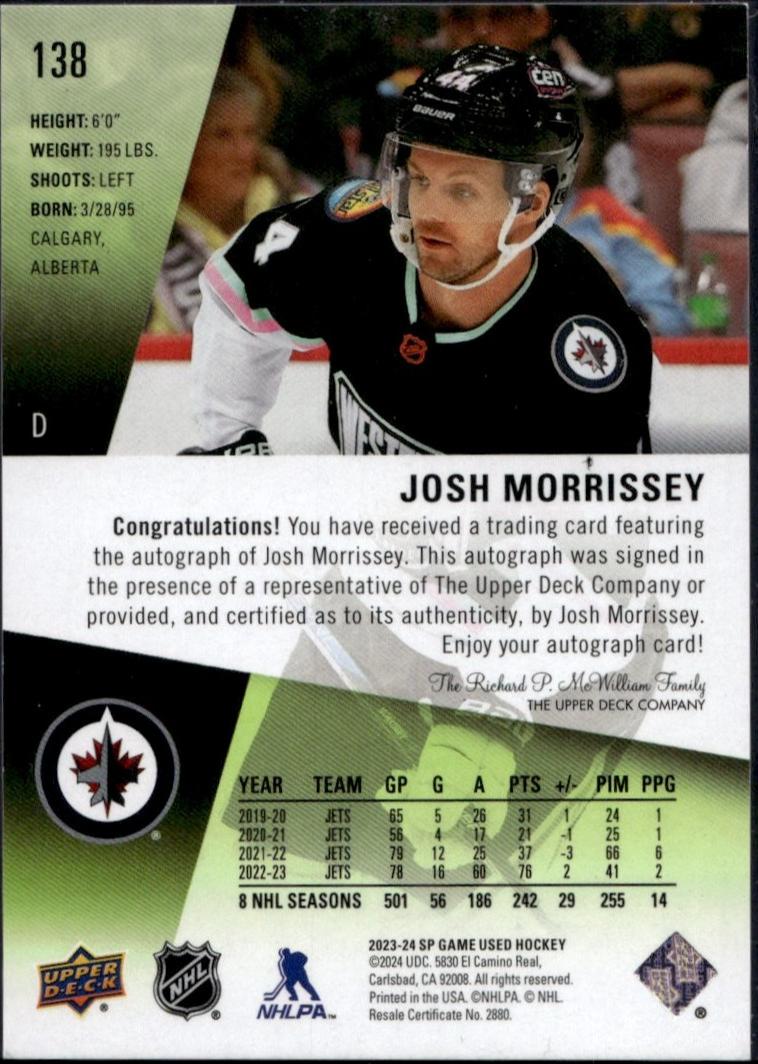 2023 SP Game Used Josh Morrissey #138 Auto