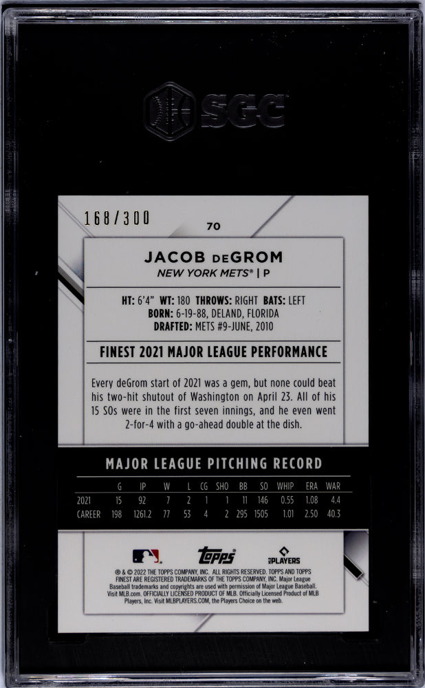 2022 Topps Finest #70 Jacob deGrom Sky Blue Refractor /300 SGC 9.5