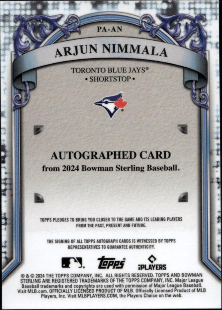 2024 Bowman Sterling #PA-AN Arjun Nimmala Auto Toronto Blue Jays