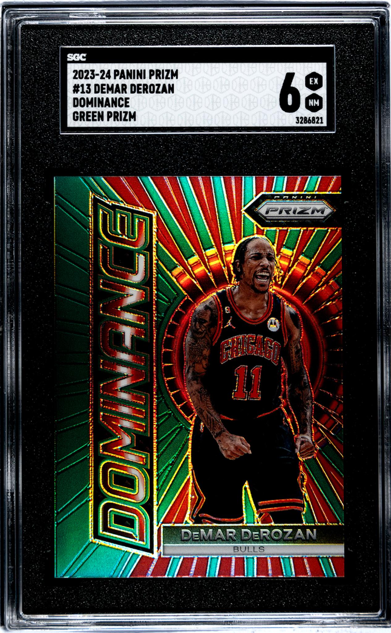 2023-24 Panini Prizm #13 Demar Derozan Dominance Green Prizm SGC 6