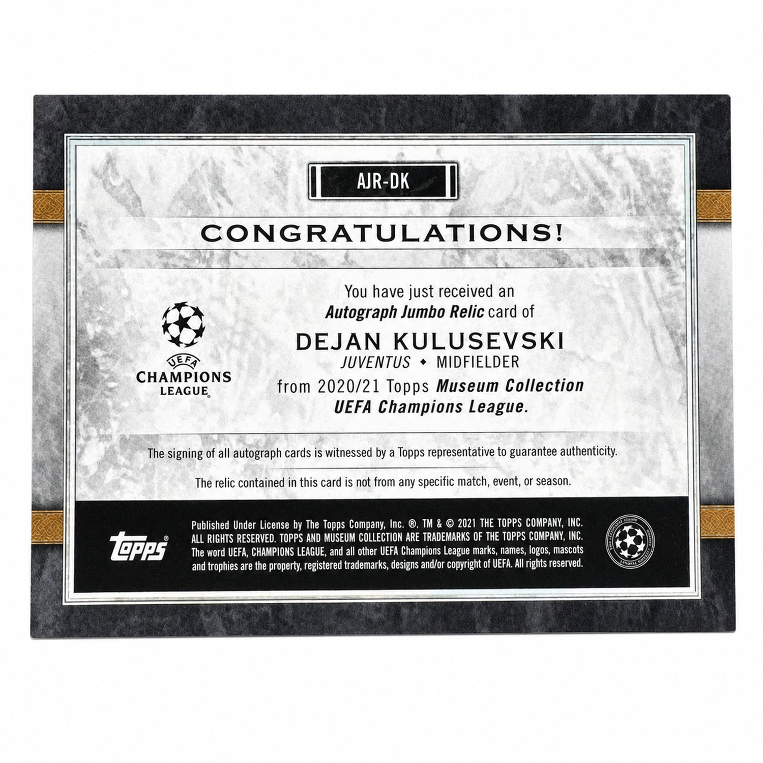 2020 Topps Museum Collection Dejan Kulusevski Patch Auto /25