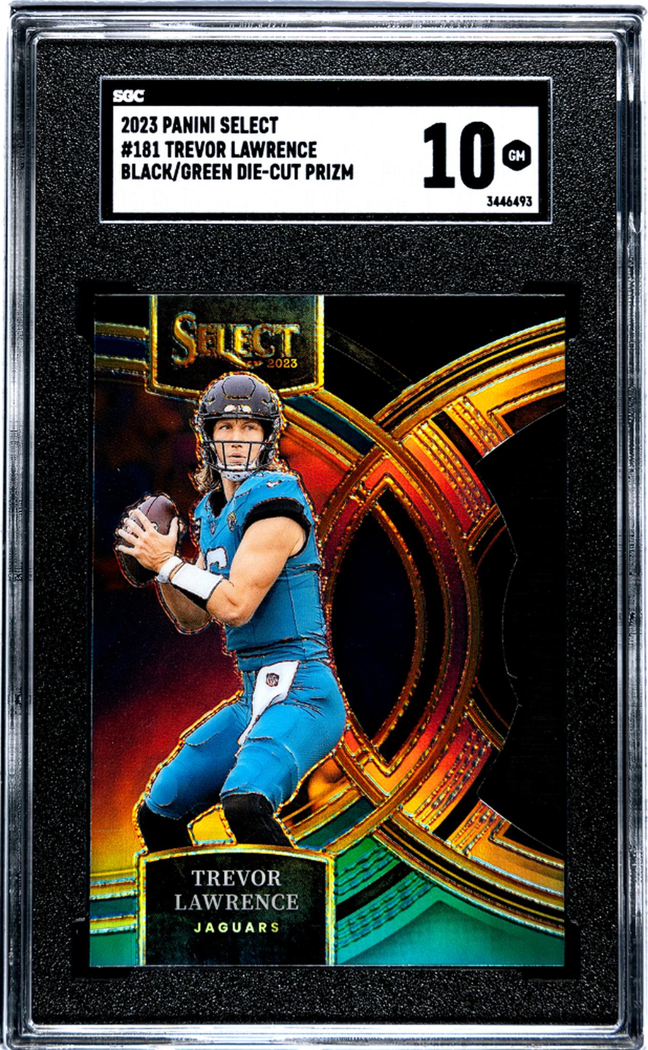 2023 Panini Select #181 Trevor Lawrence Black/Green Die-Cut Prizm SGC 10