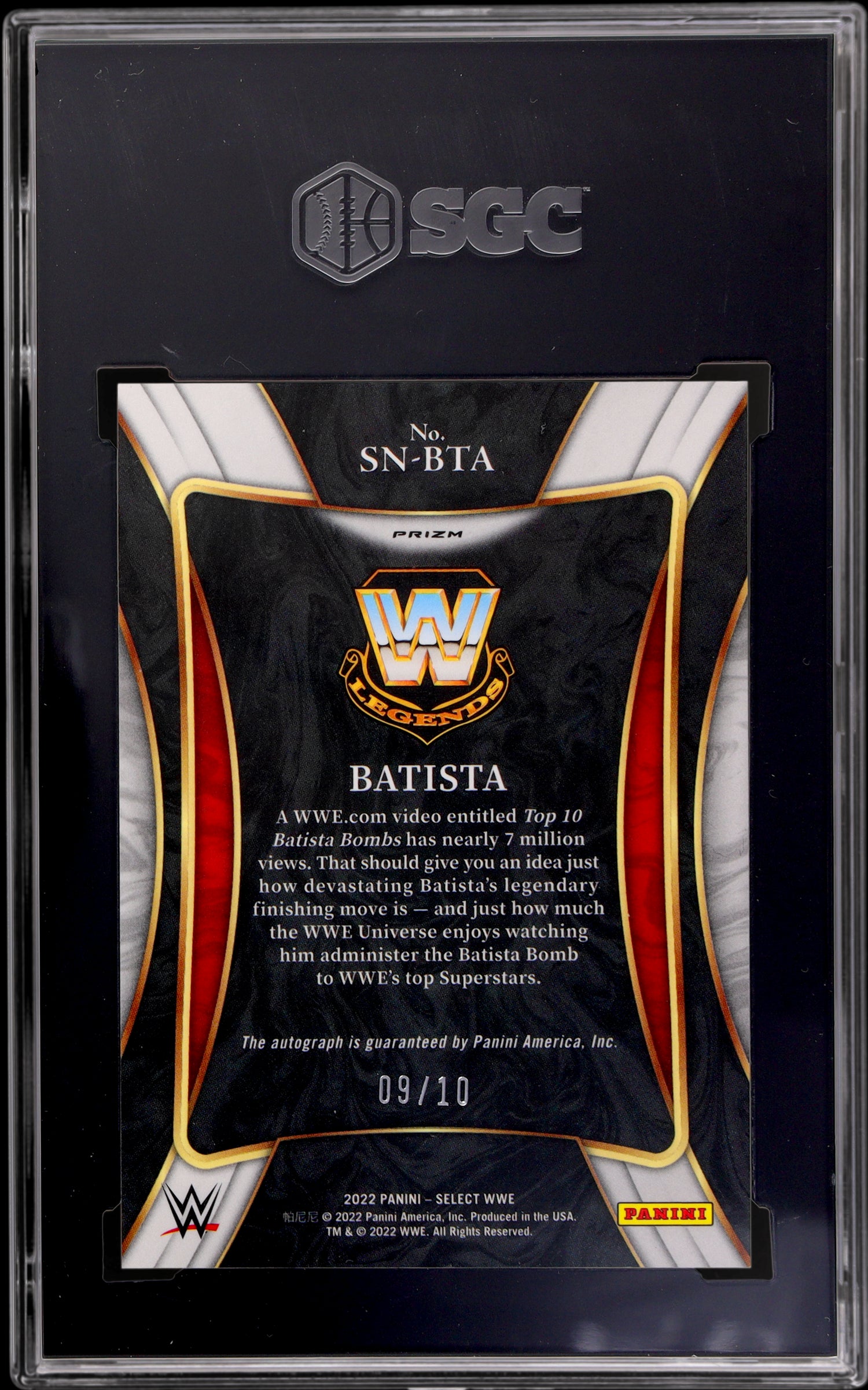 2022 Panini Select WWE Signature Batista Auto SN-BTA /10 SGC 9.5