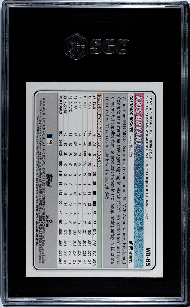 2023 Topps Big League #WR-85 Kris Bryant Wrapper Redemption /199 SGC 9