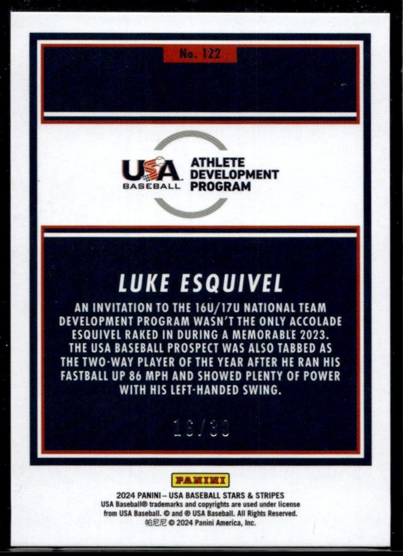 2024 Panini USA Baseball Stars & Stripes 122 Luke Esquivel Rookie /99 USA Baseball