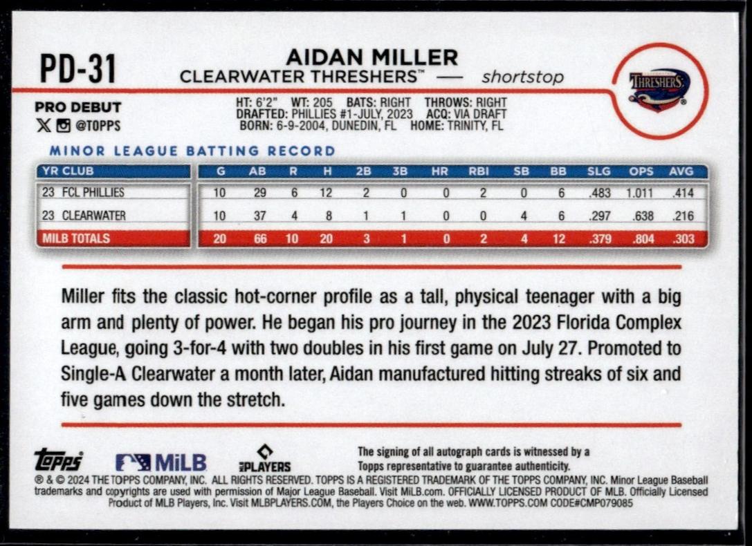 2024 Topps Pro Debut Aidan Miller Rookie Auto #PD-31 