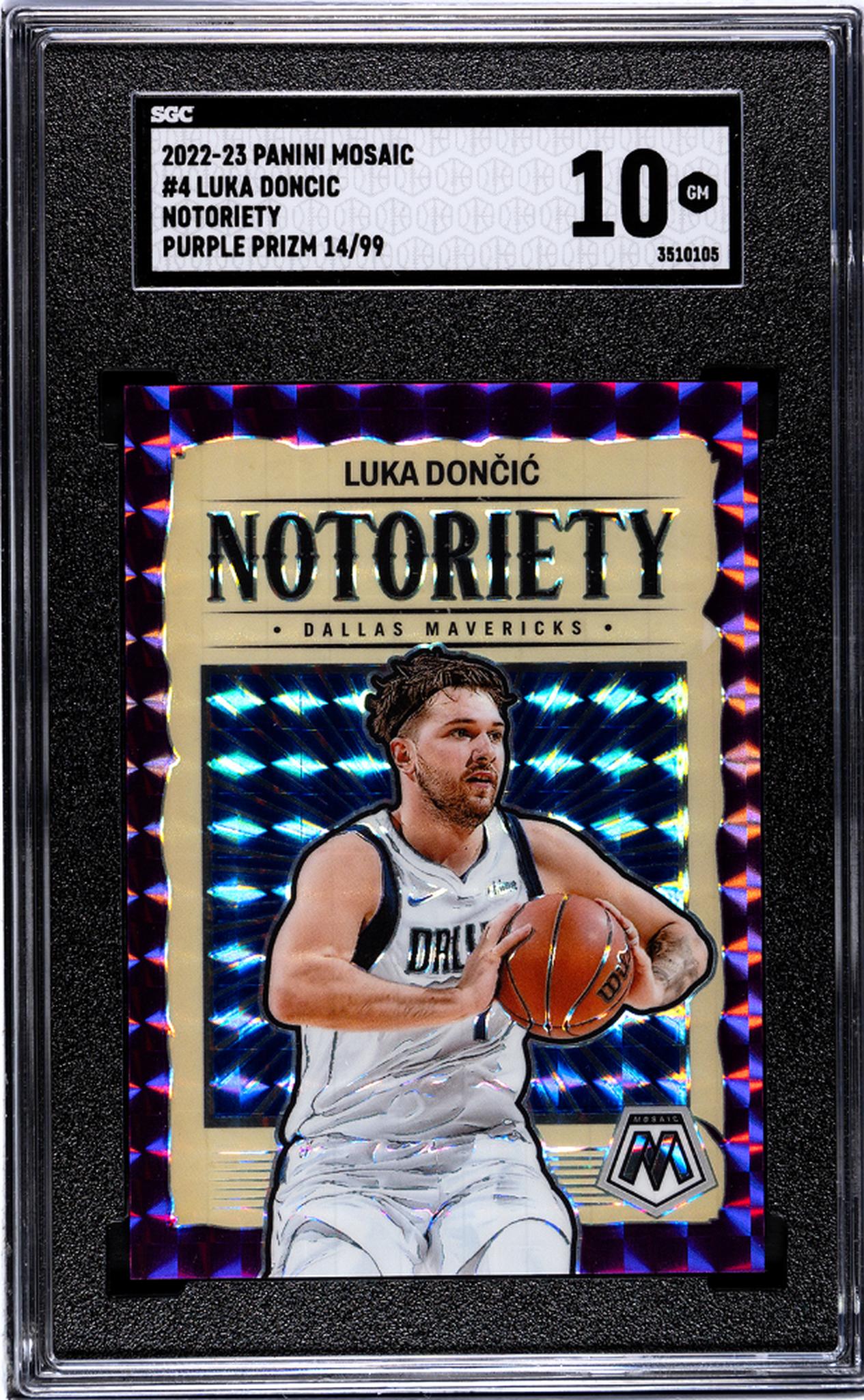 2022-23 Panini Mosaic #4 Luka Doncic Notoriety Purple Prizm /99 SGC 10