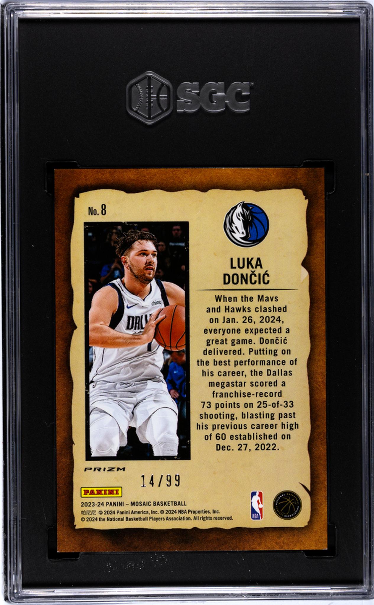 2022-23 Panini Mosaic #4 Luka Doncic Notoriety Purple Prizm /99 SGC 10