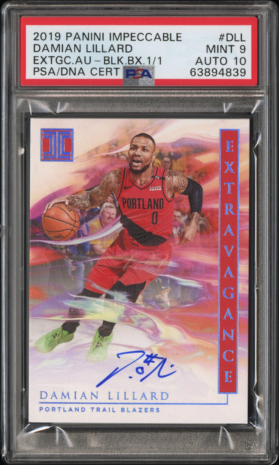 2019-21 Panini Impeccable Damian Lillard Extravagance 1/1 Auto Black Box PSA 9