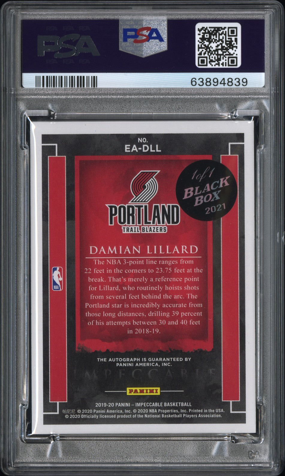 2019-21 Panini Impeccable Damian Lillard Extravagance 1/1 Auto Black Box PSA 9