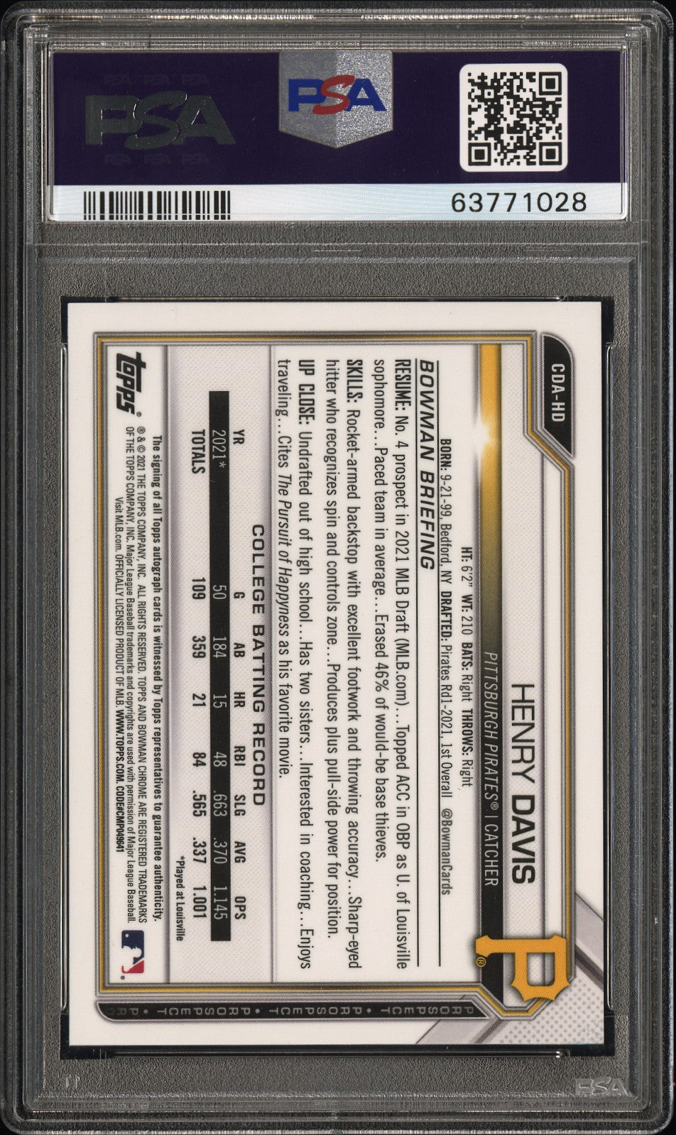 2021 Bowman Draft #CDAHD Henry Davis Chrome Autograph Aqua Lava Refractor /199 PSA 9