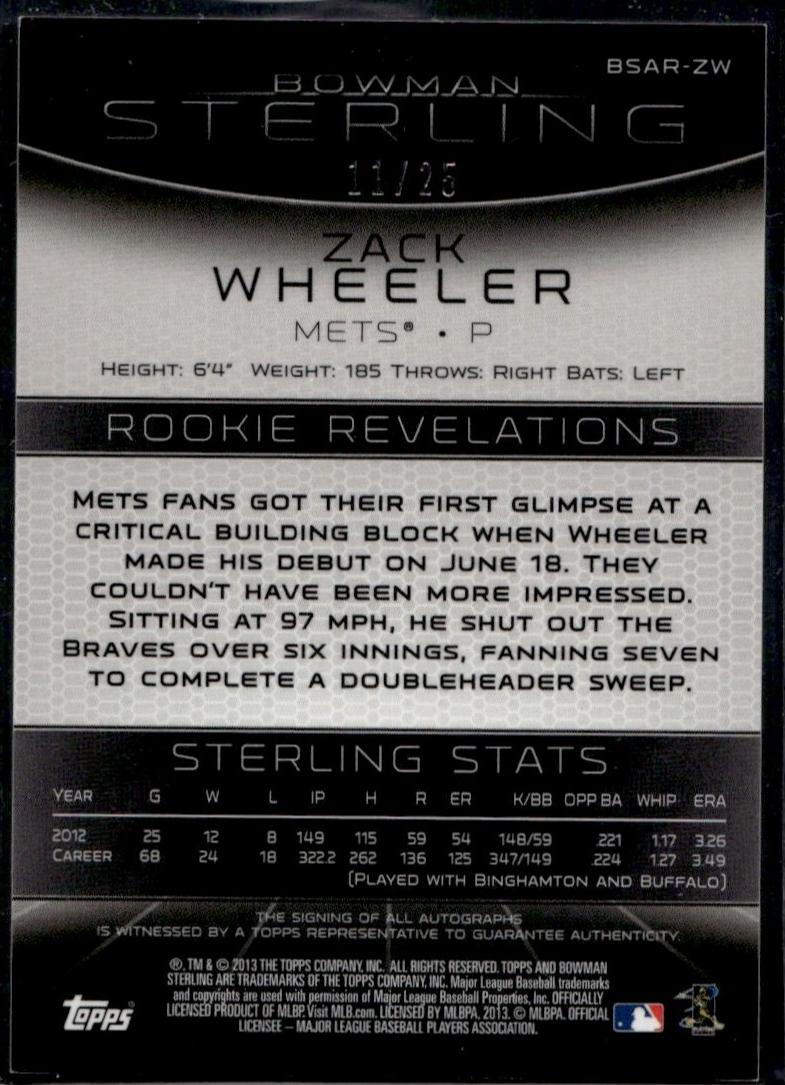 2013 Bowman Sterling Zack Wheeler Rookie Auto /25