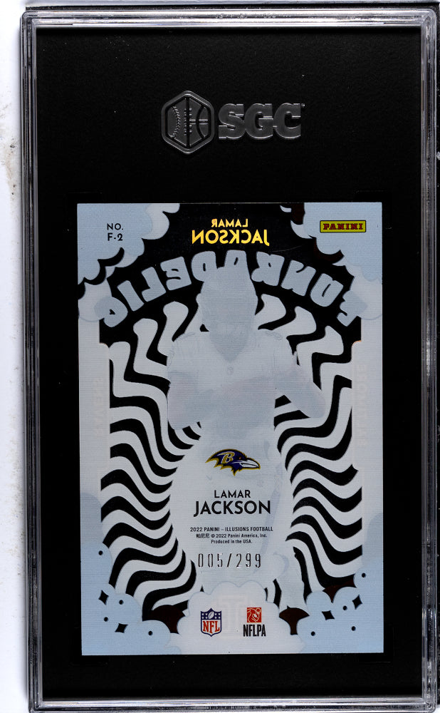 2022 Panini Illusions #F-2 Lamar Jackson Funkadelic Light Blue /299 SGC 9