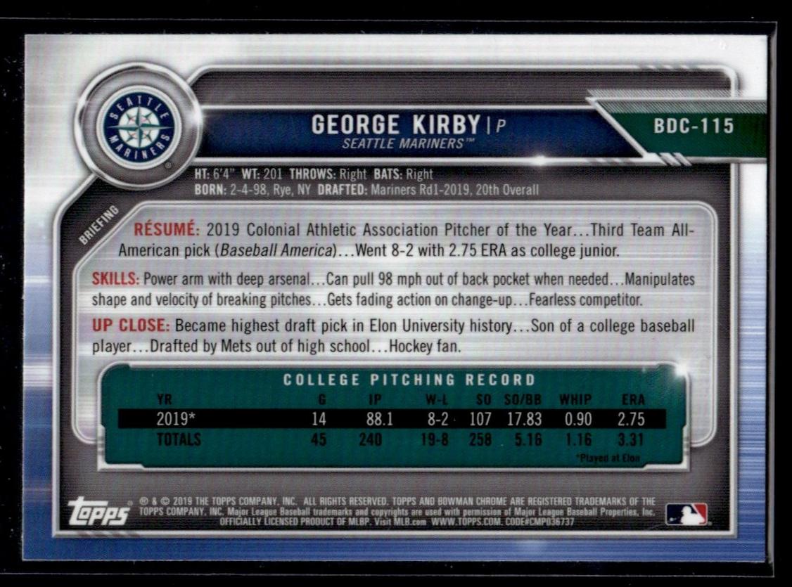 2019 Bowman Chrome George Kirby Rookie #BDC-115 