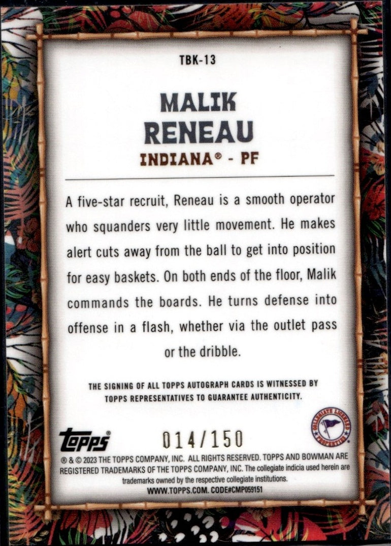 2023 Bowman Chrome University #TBK-13 Malik Reneau The Big Kahuna Auto #/150