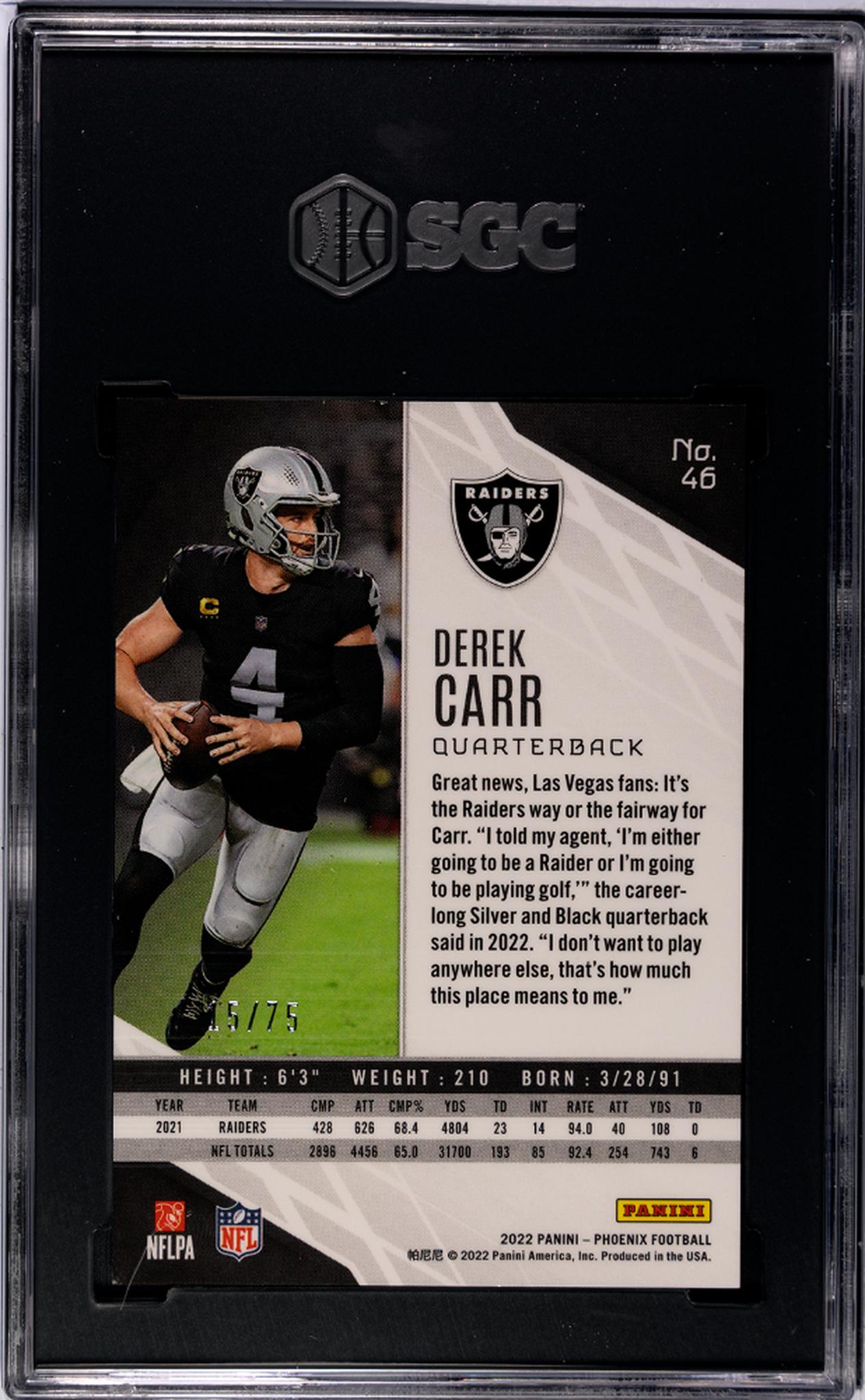 2022 Panini Phoenix #46 Derek Carr /75 SGC 8.5