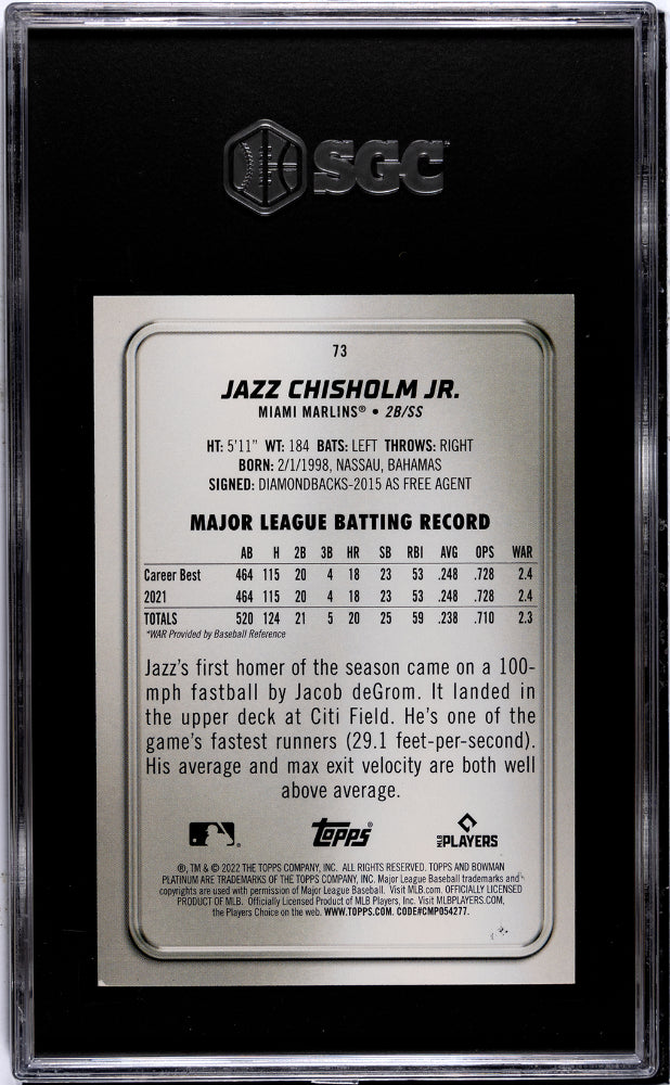 2022 Bowman Platinum #73 Jazz Chisholm Jr. Blue 81/150 SGC 8