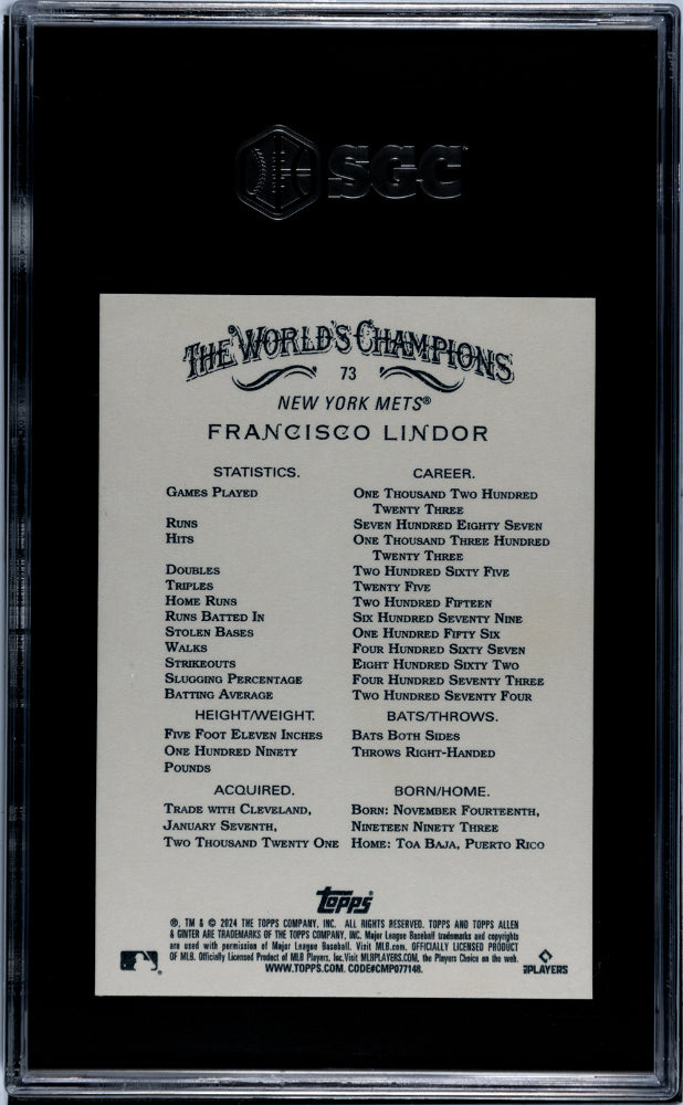 2024 Topps Allen & Ginter #73 Francisco Lindor SGC 10