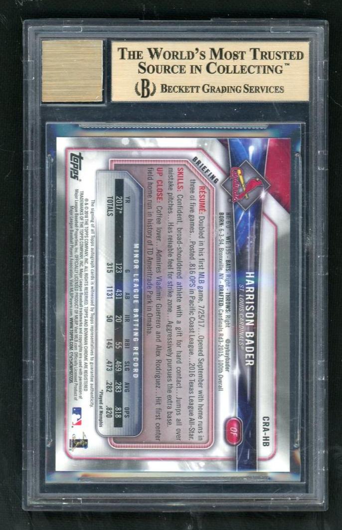 2018 Bowman Chrome Rookie Autograph Atomic Refractor Harrison Bader #CRAHB /100 BGS 9.5