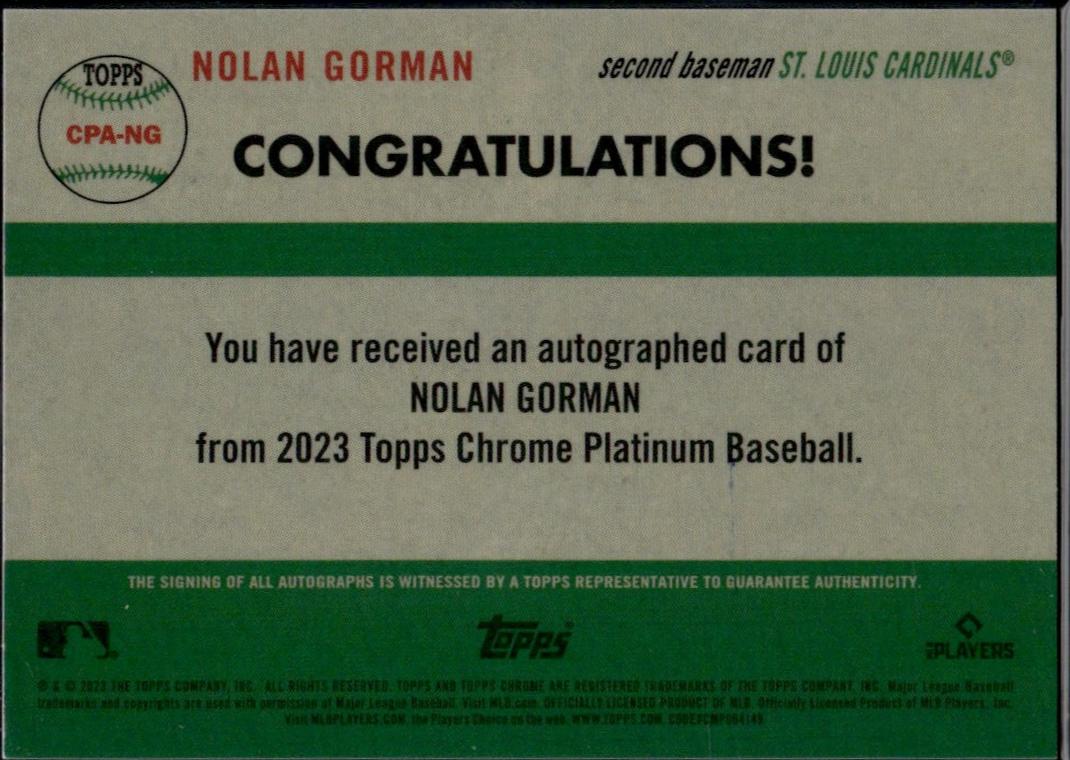 2023 Topps Chrome #CPA-NG Nolan Gorman Rookie /99 Auto