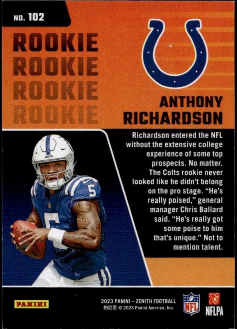 2023 Panini Zenith #102 Anthony Richardson 3rd Rookie /35 Colts