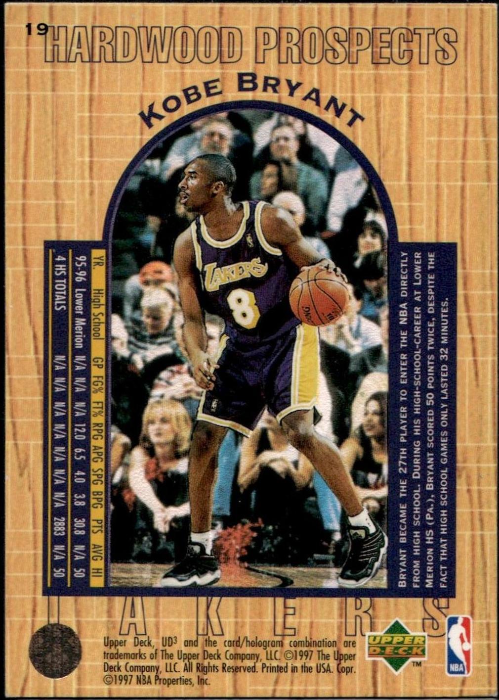 1997 Upper Deck UD3 #19 Kobe Bryant Hardwood Prospects Rookie