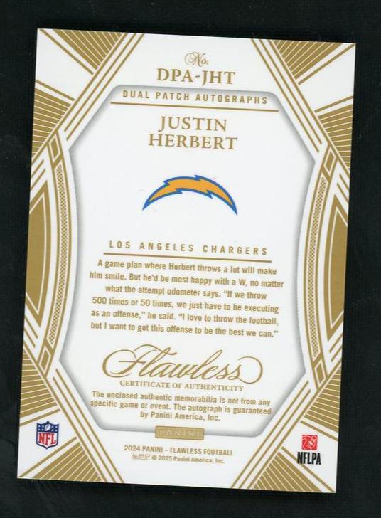 2022 Panini Flawless DPA-JHT Justin Herbert Dual Patch Autographs /5 VG Los Angeles Chargers