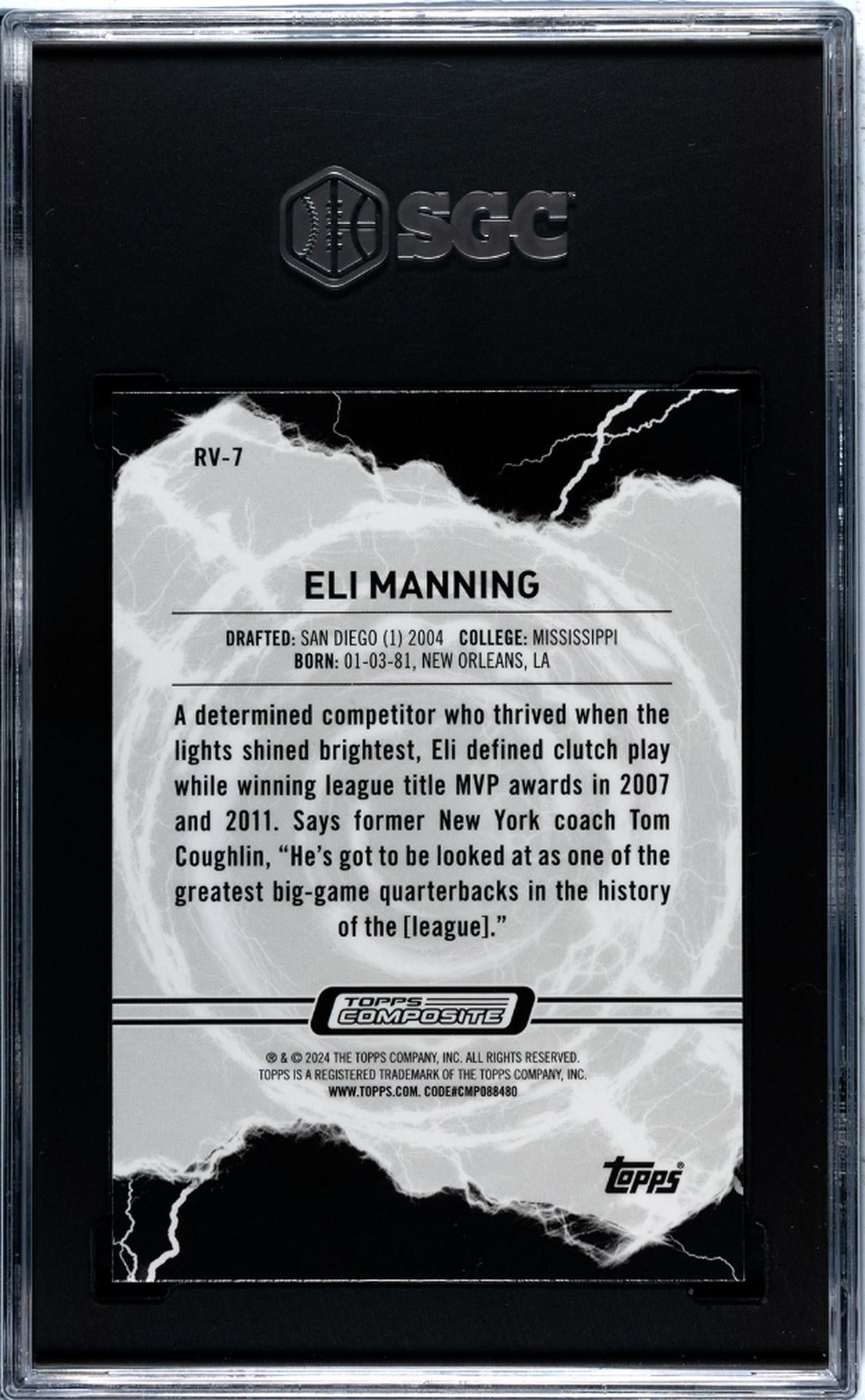 2023 Topps Composite #RV-7 Eli Manning Resurgence Voltaic Gold Refractor /50 SGC 9
