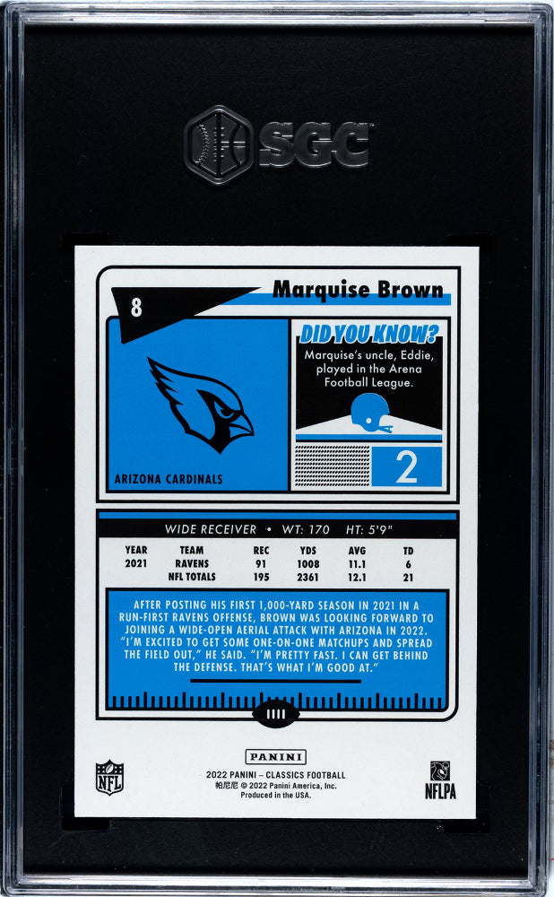 2022 Panini Classics #8 Marquise Brown Blue Back 60/75 SGC 9.5