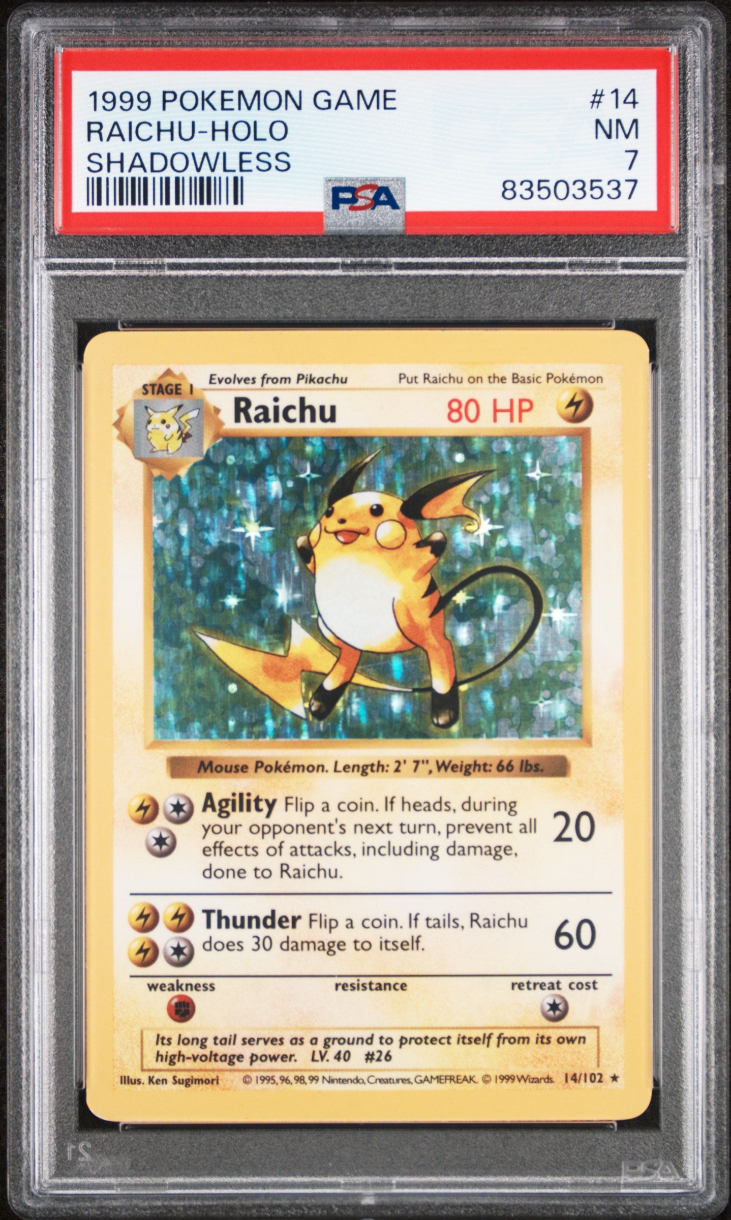 1999 Pokemon Base Set Shadowless Holo Raichu #14 PSA 7