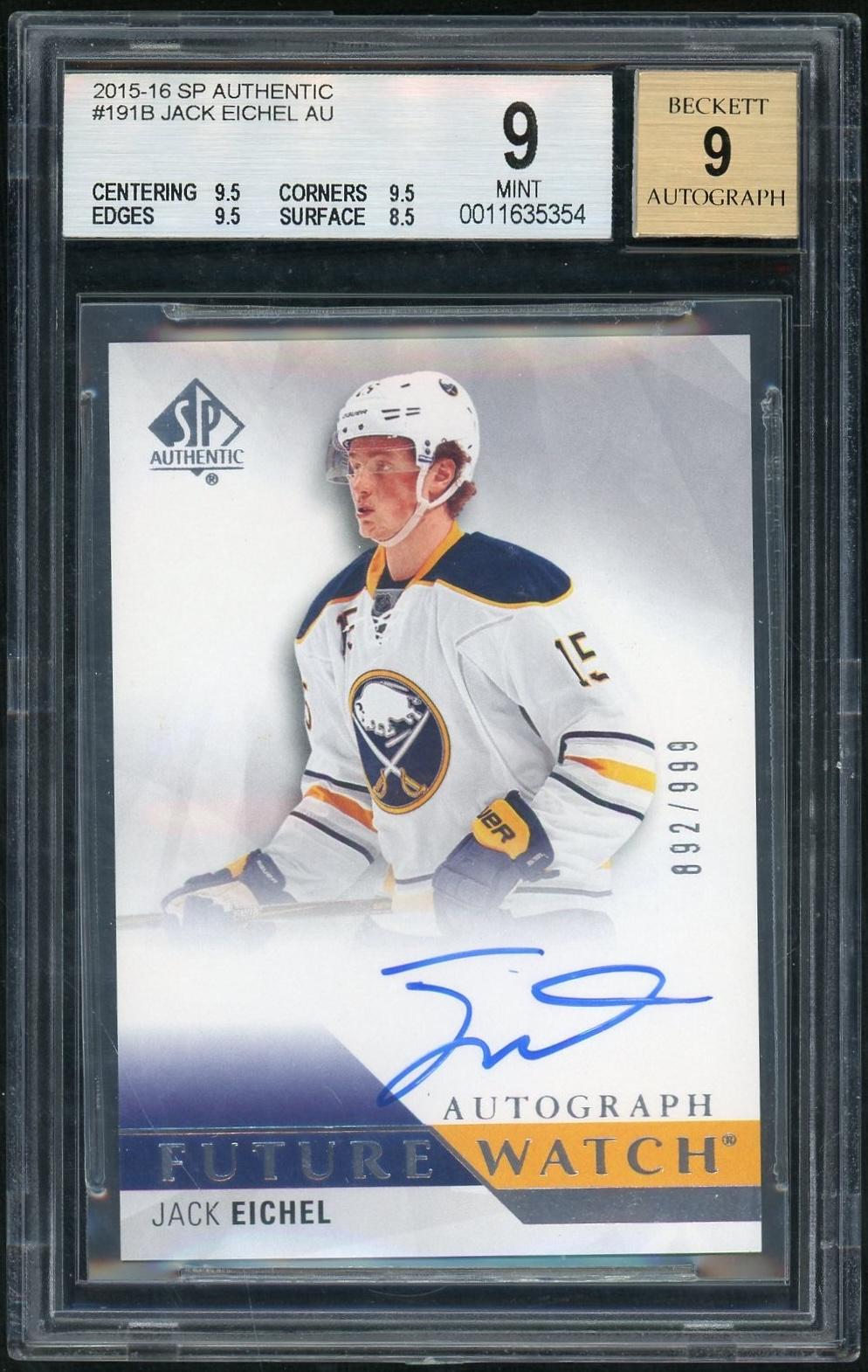 2015 Upper Deck SP Authentic 191 Jack Eichel Future Watch Rookie /999 Beckett 9 Mint Auto