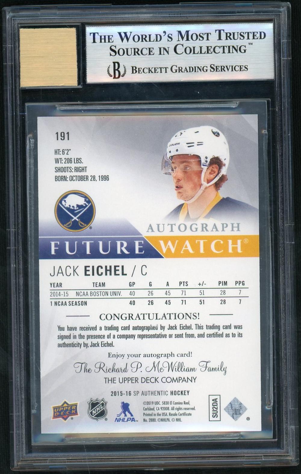 2015 Upper Deck SP Authentic 191 Jack Eichel Future Watch Rookie /999 Beckett 9 Mint Auto