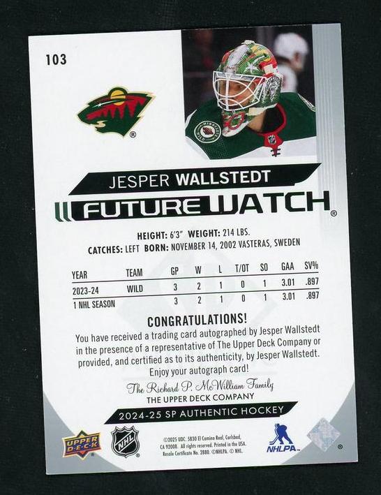2024 Upper Deck SP Authentic 103 Jesper Wallstedt Future Watch Rookie /999 VG Wild Auto