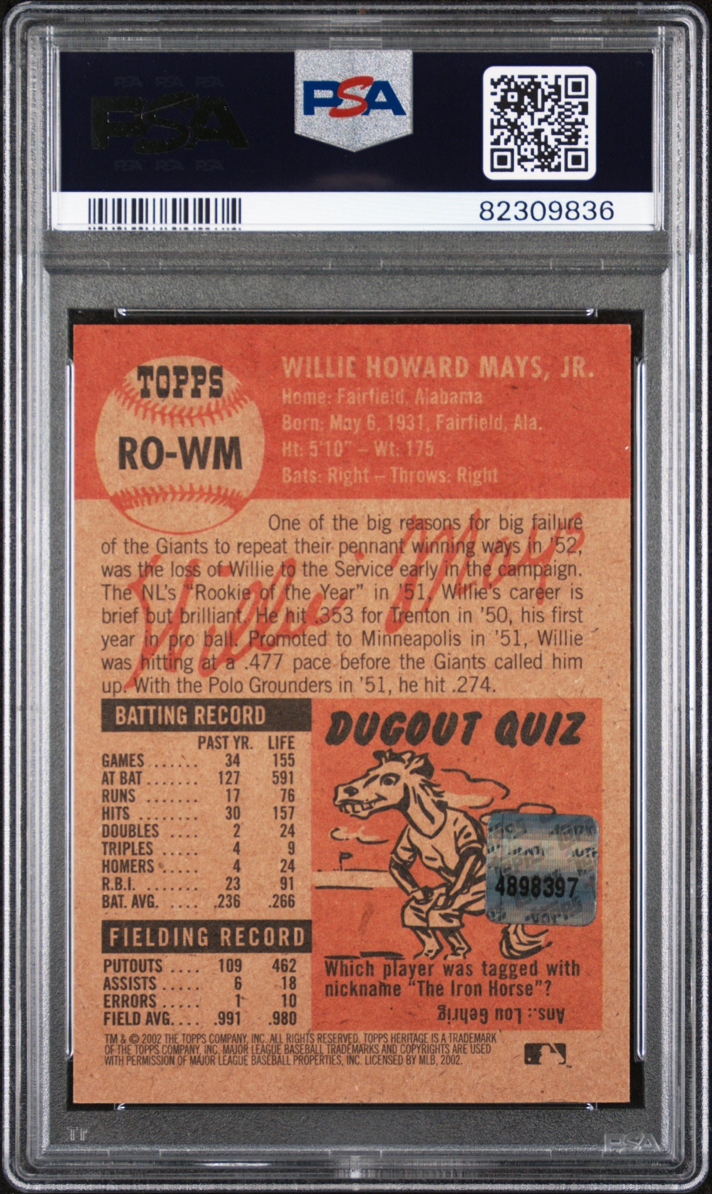 2002 Topps Heritage Real One Willie Mays #RO-WM Auto PSA 7