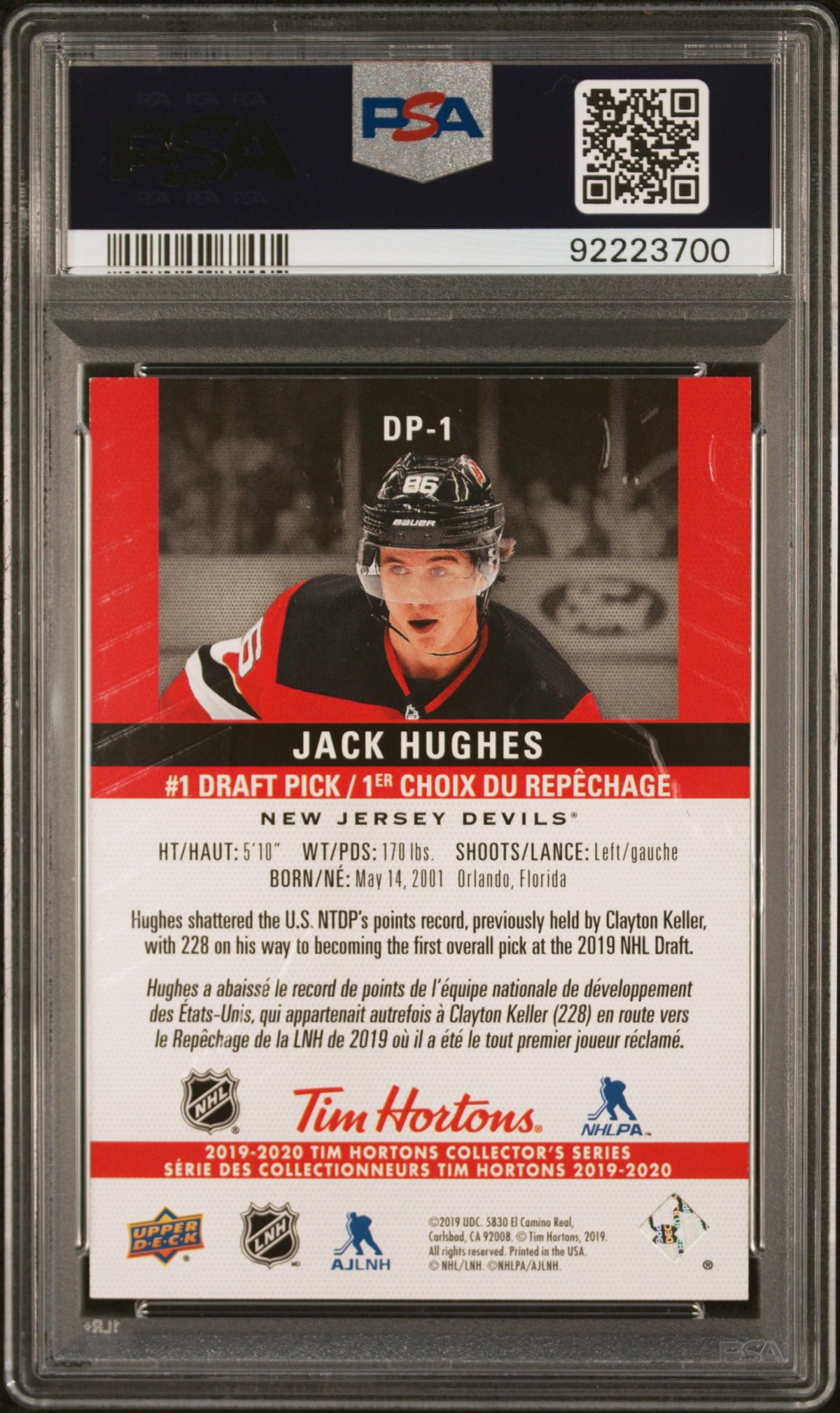 2019-20 Upper Deck Tim Hortons Jack Hughes #DP-1 Draft Pick Redemption PSA 9