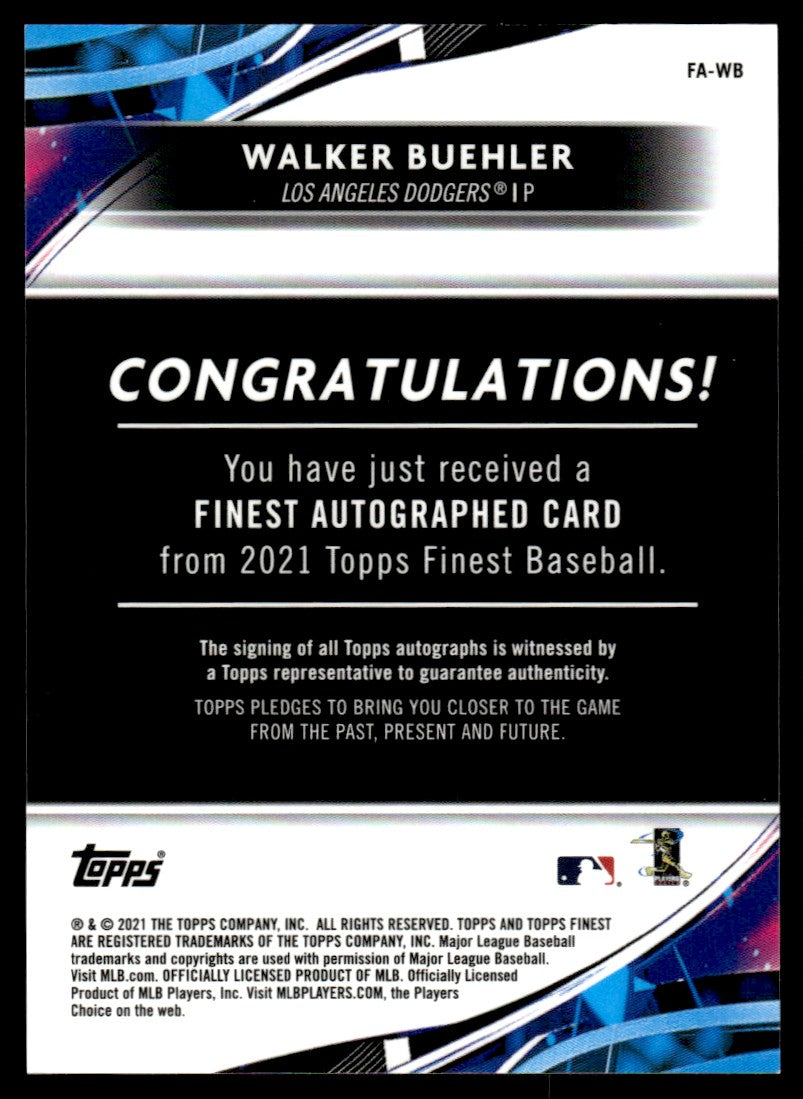 2021 Topps Finest #FA-WB Walker Buehler Finest Autographed Los Angeles Dodgers