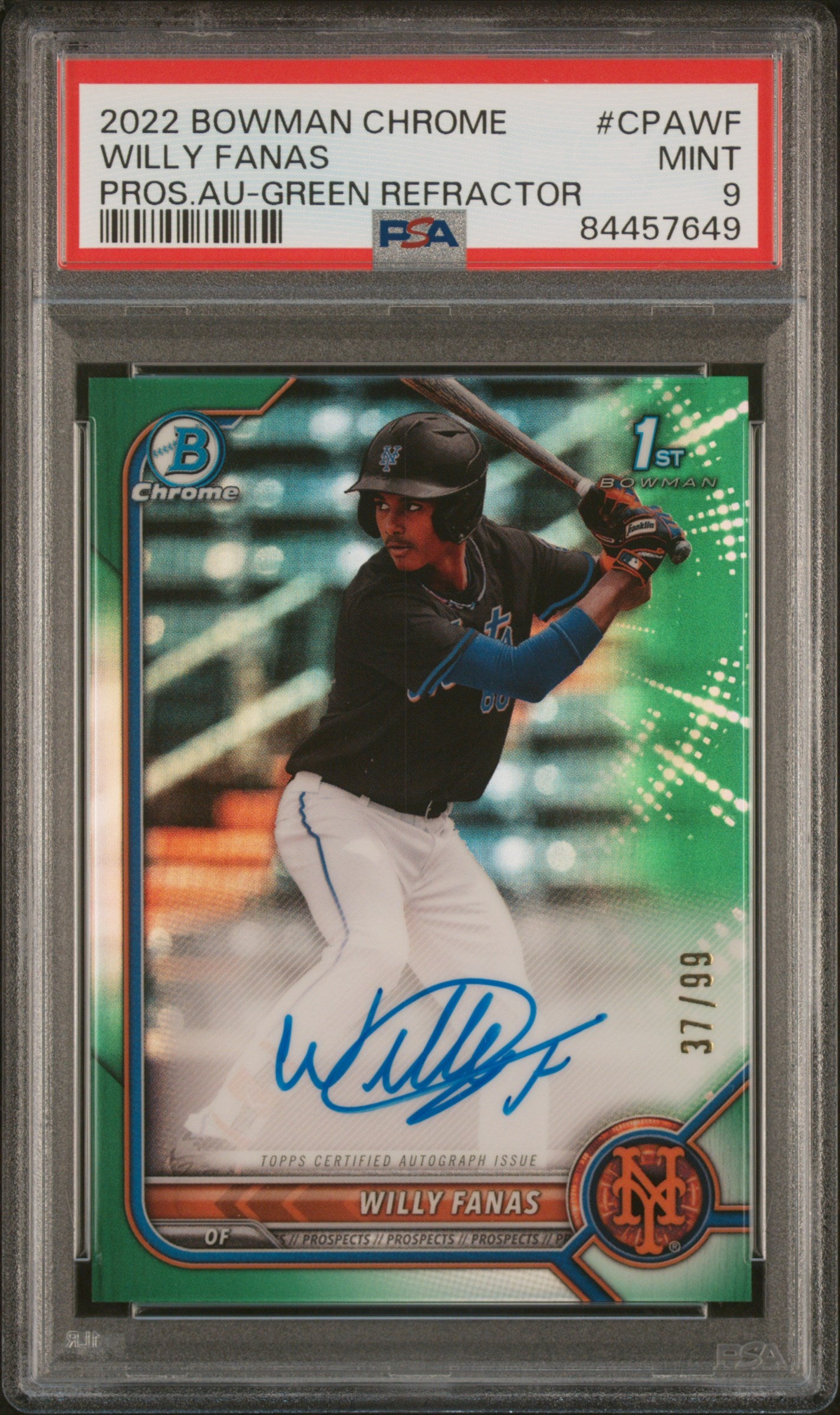 2022 Bowman Chrome Prospect Auto Green Refractor Willy Fanas /99 PSA 9