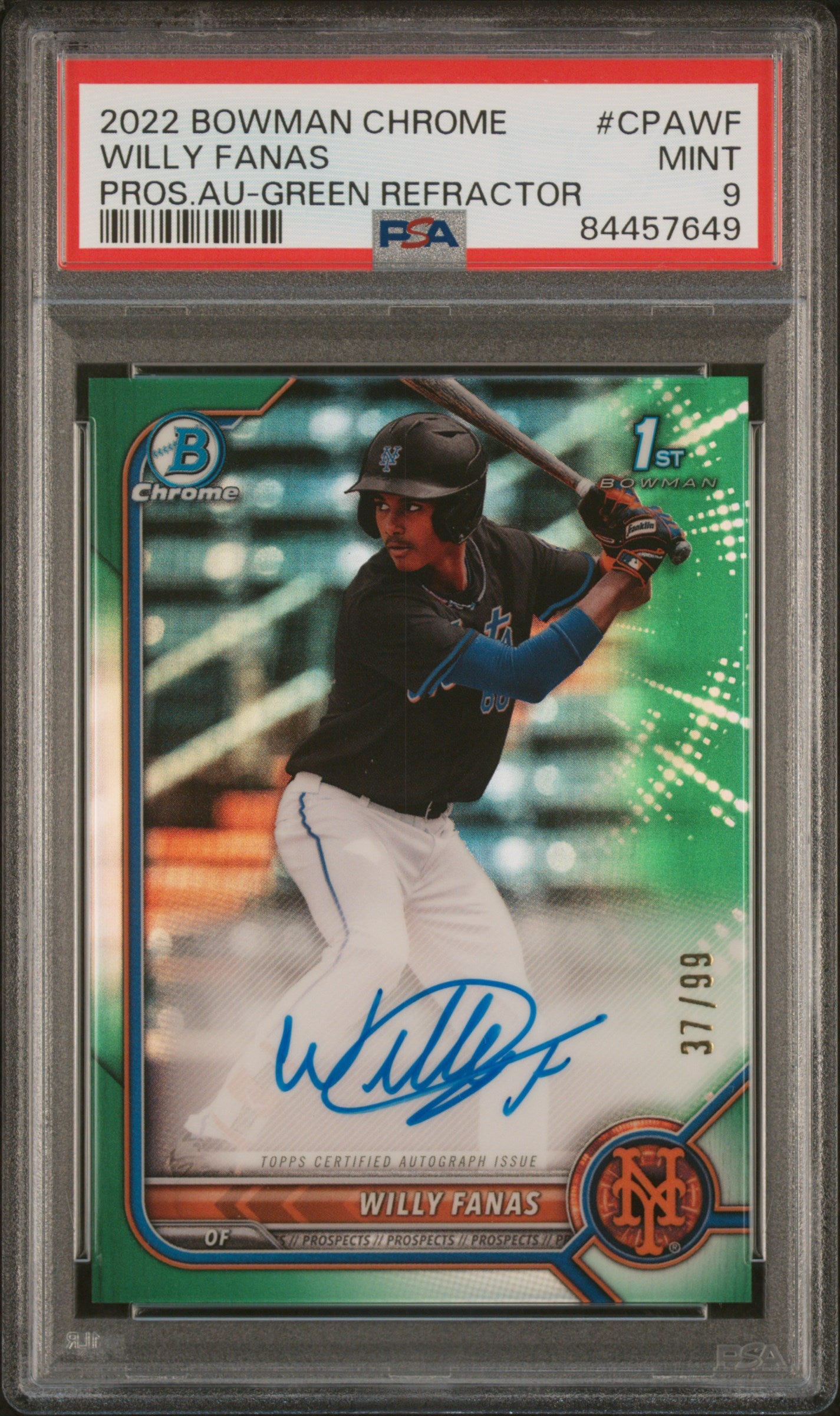2022 Bowman Chrome Prospects Green Refractor Willy Fanas #CPA-WF /99 PSA 9