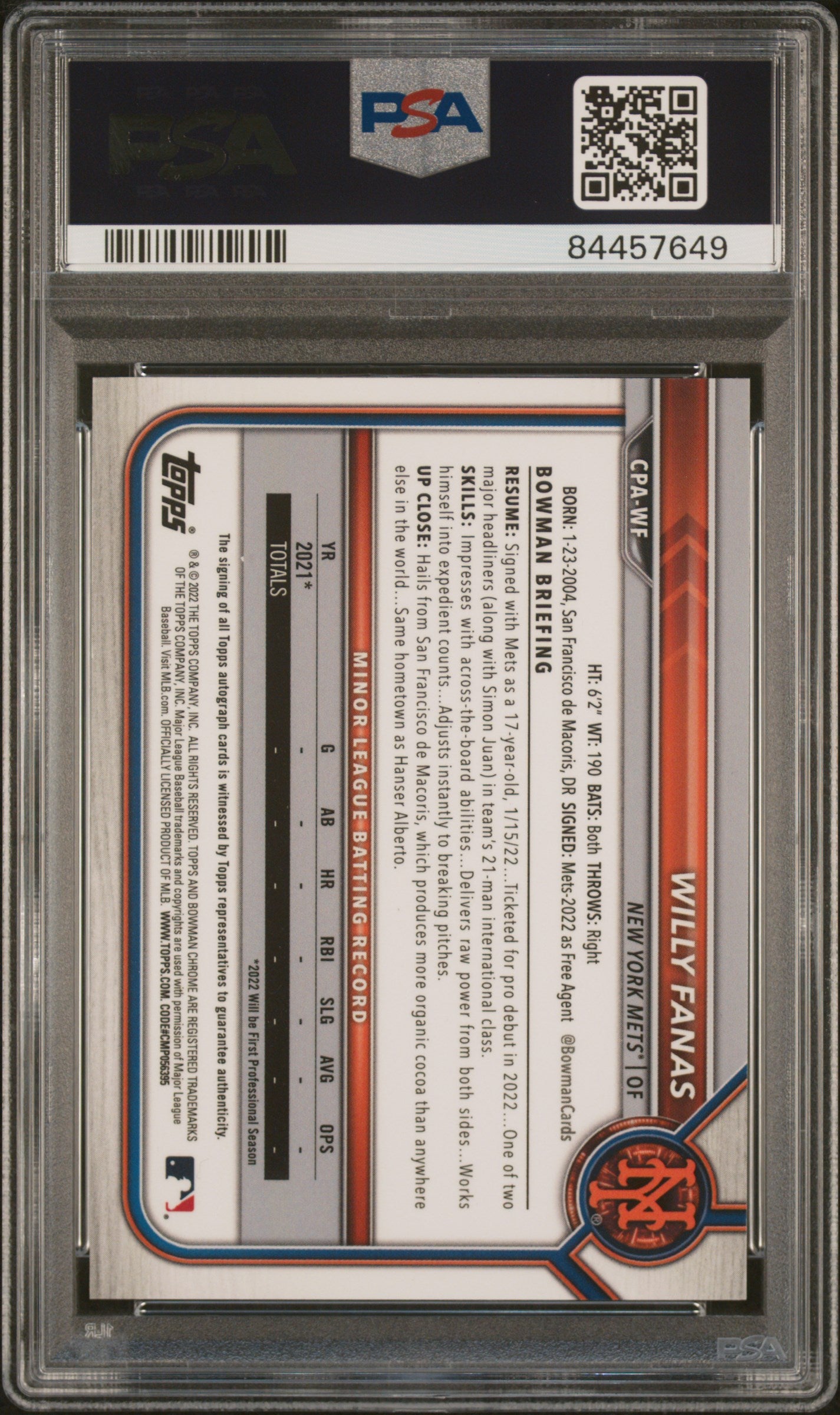 2022 Bowman Chrome Prospects Green Refractor Willy Fanas #CPA-WF /99 PSA 9