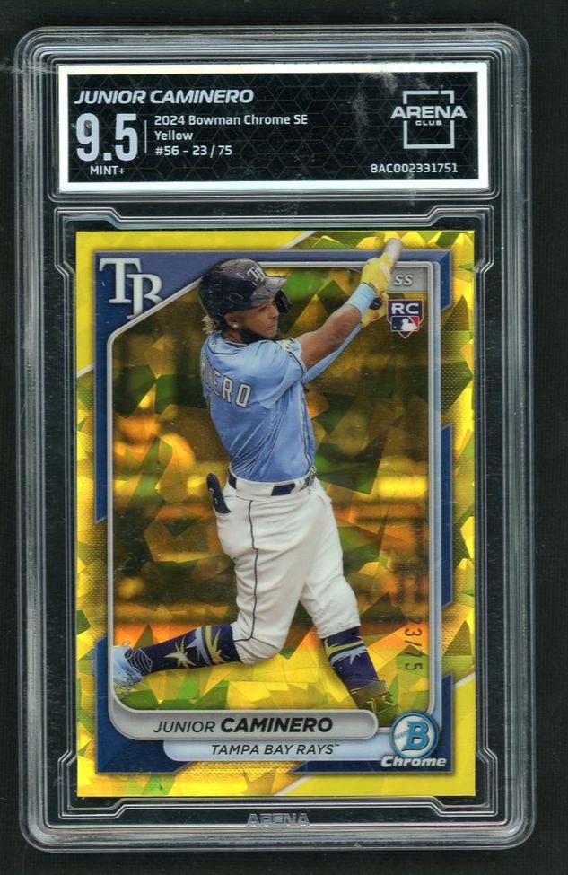 2024 Bowman Chrome 516 Junior Caminero Yellow Rookie /75 Arena 9.5 Mint Tampa Bay Rays