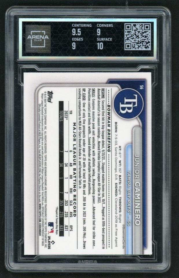 2024 Bowman Chrome 516 Junior Caminero Yellow Rookie /75 Arena 9.5 Mint Tampa Bay Rays