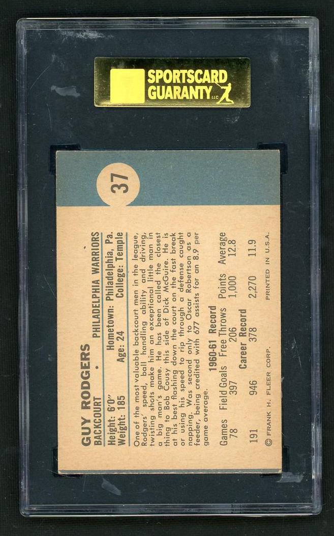 1961 Fleer 37 Guy Rodgers Rookie SGC 5 EX Philadelphia Warriors