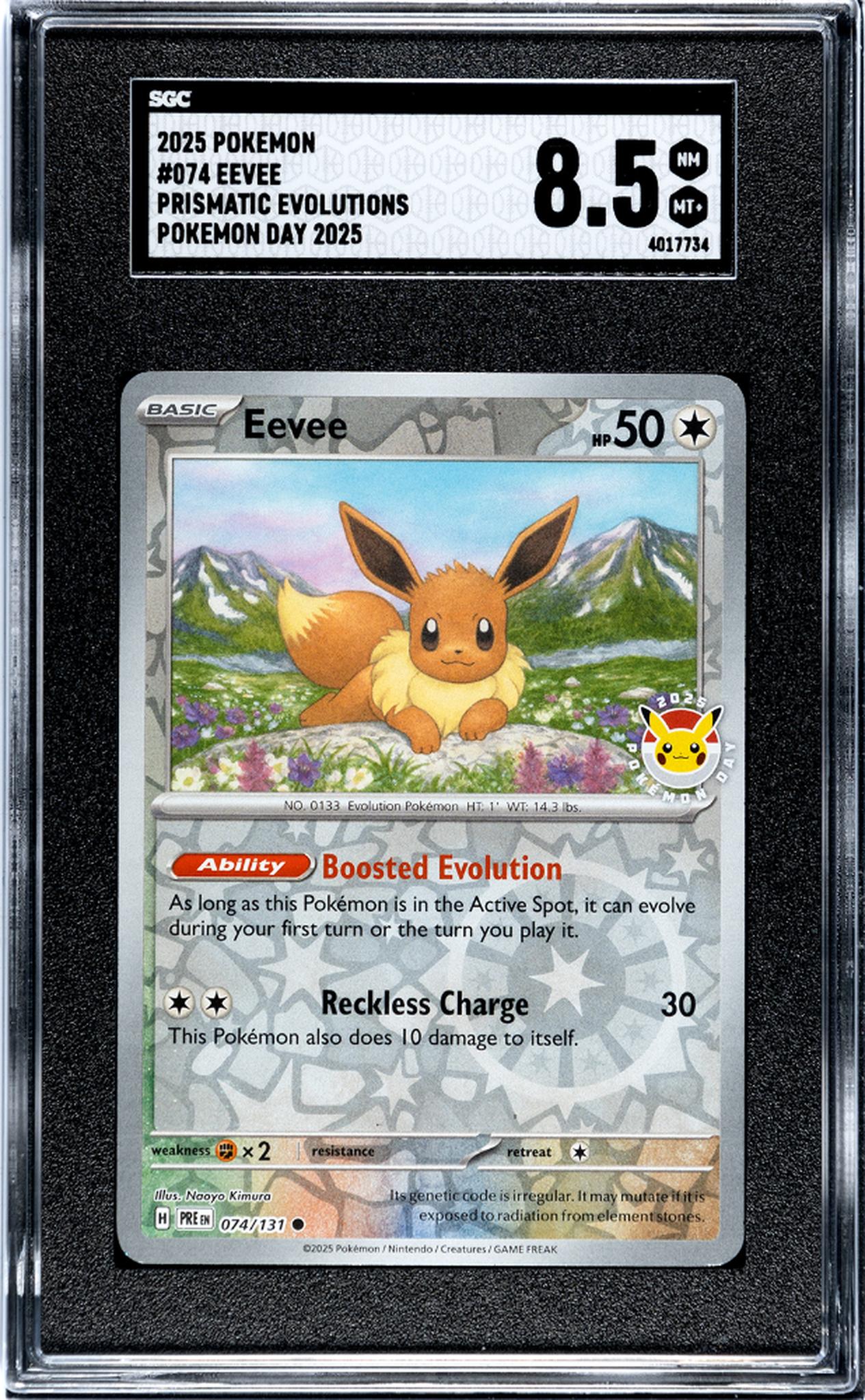 2025 Prismatic Evolutions #074/131 Eevee Pokemon Day 2025 SGC 8.5