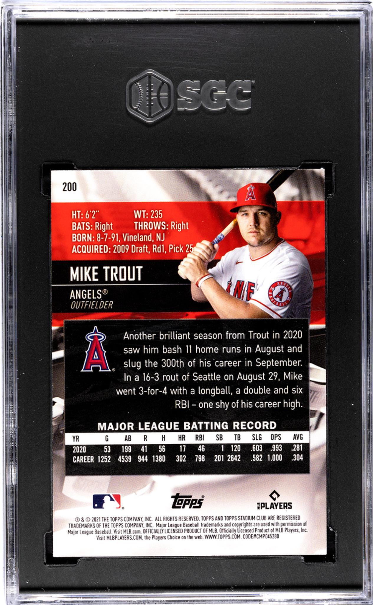 2021 Topps Stadium Club #200 Mike Trout Chrome SGC 10