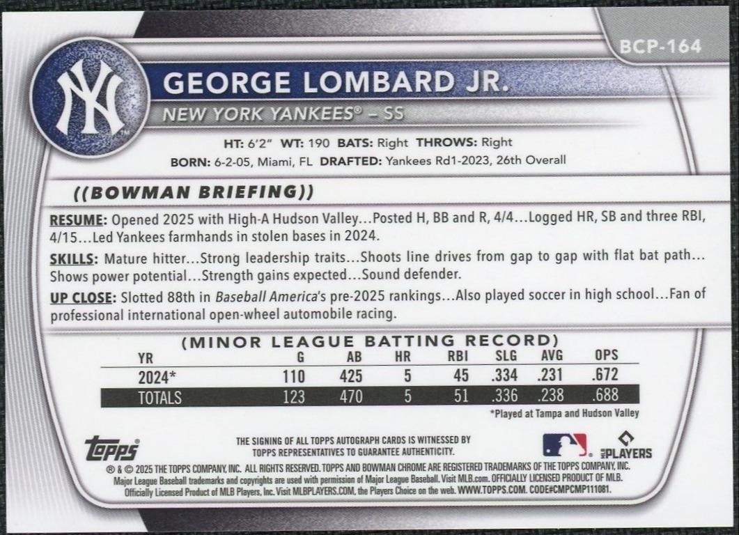 2025 Bowman Chrome Mega Box Mojo George Lombard Jr. Image Variation Auto /25