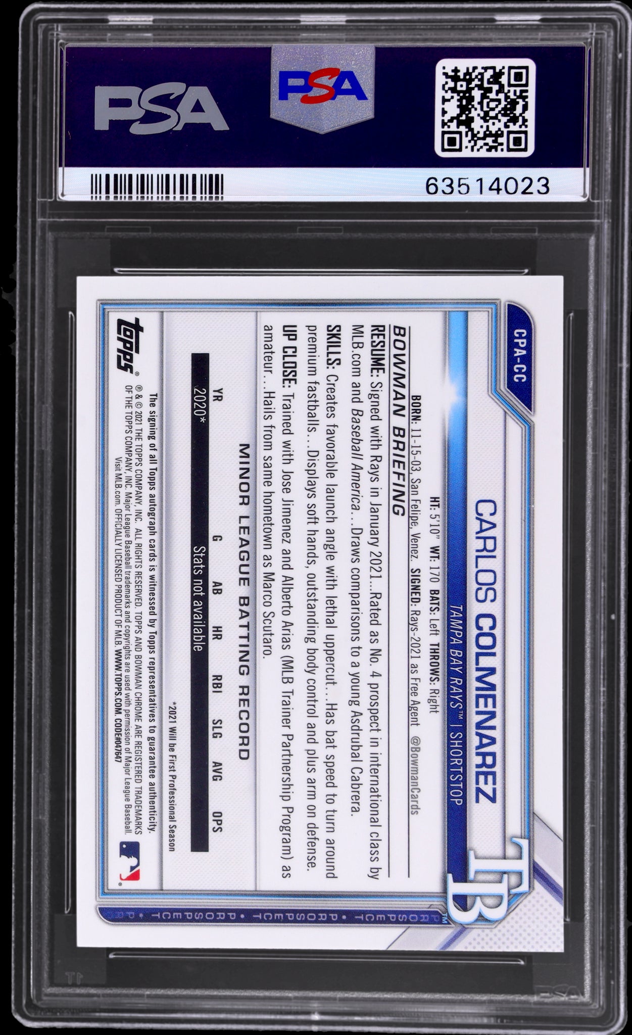 2021 Bowman Chrome Prospect Auto Atomic Refractor Carlos Colmenarez /100 PSA 9