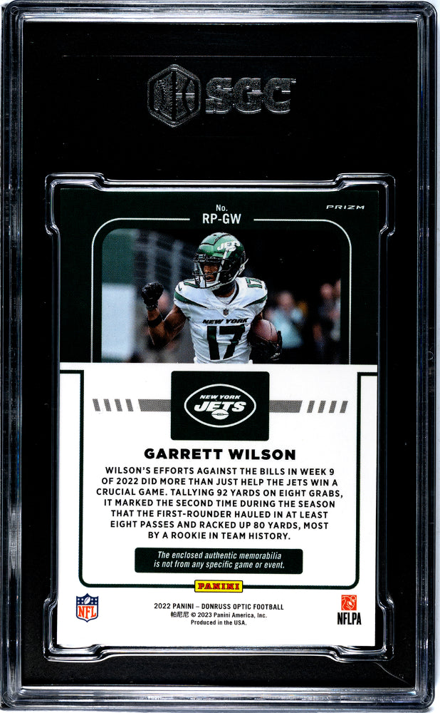 2022 Donruss Optic #RP-GW Garrett Wilson Rookie Phenom Mat. Blue Hyper Prizm SGC 9.5