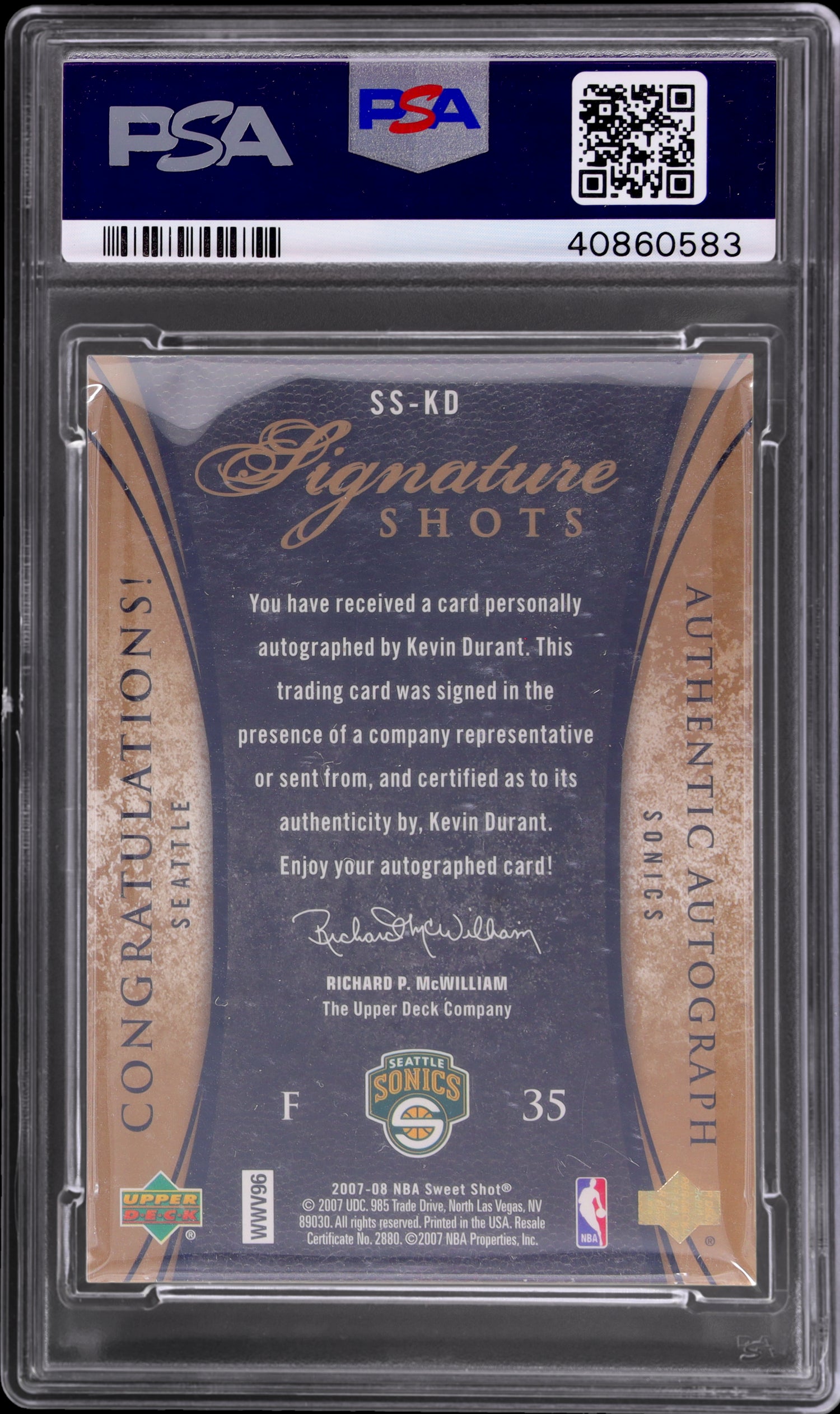 2007 Upper Deck Sweet Shot #KD Kevin Durant Signature Shot Black Ink /99 PSA 7