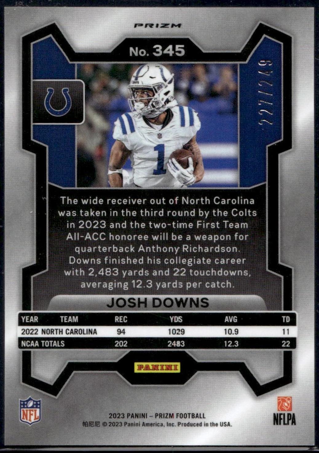 2023 Panini Prizm Josh Downs Orange Rookie #345 /49 