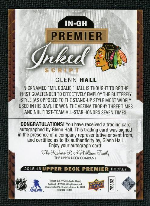 2015 Upper Deck Upper Deck Premier IN-GH Glenn Hall Inked Script Blackhawks Auto